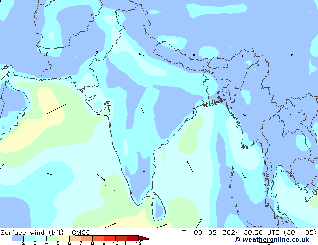 Surface wind (bft) CMCC Th 09.05.2024 00 UTC