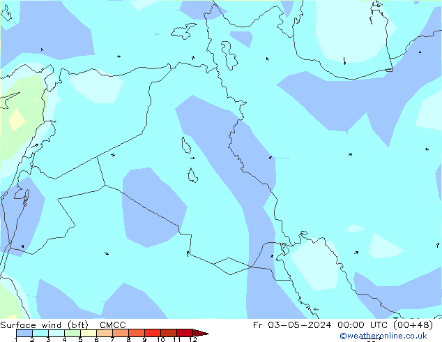 Viento 10 m (bft) CMCC vie 03.05.2024 00 UTC