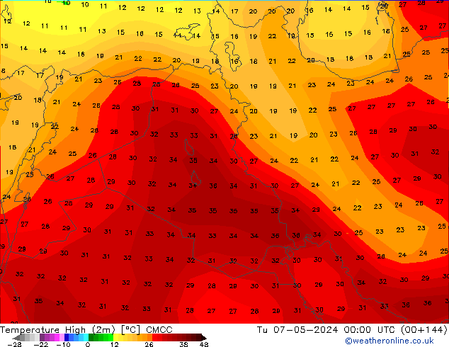 Temperature High (2m) CMCC Tu 07.05.2024 00 UTC