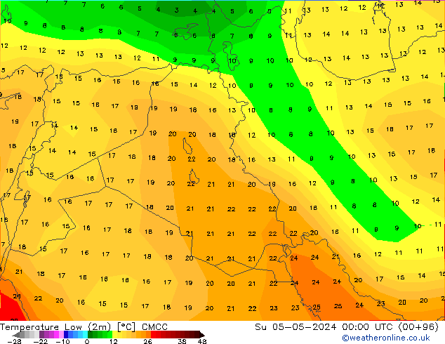 Nejnižší teplota (2m) CMCC Ne 05.05.2024 00 UTC