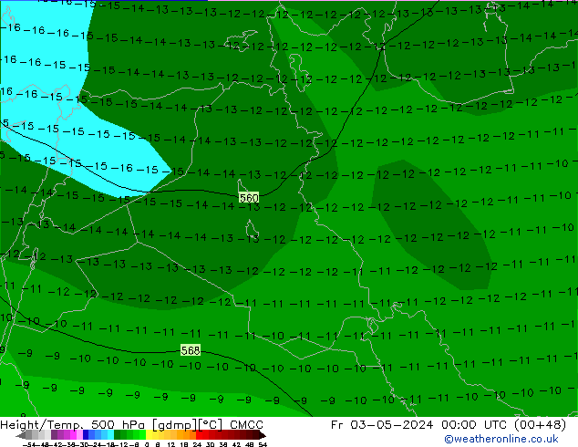 Hoogte/Temp. 500 hPa CMCC vr 03.05.2024 00 UTC