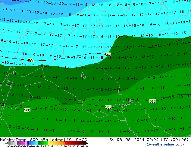 Geop./Temp. 500 hPa CMCC dom 05.05.2024 00 UTC