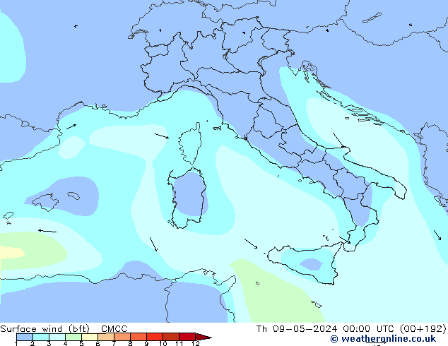 Surface wind (bft) CMCC Čt 09.05.2024 00 UTC