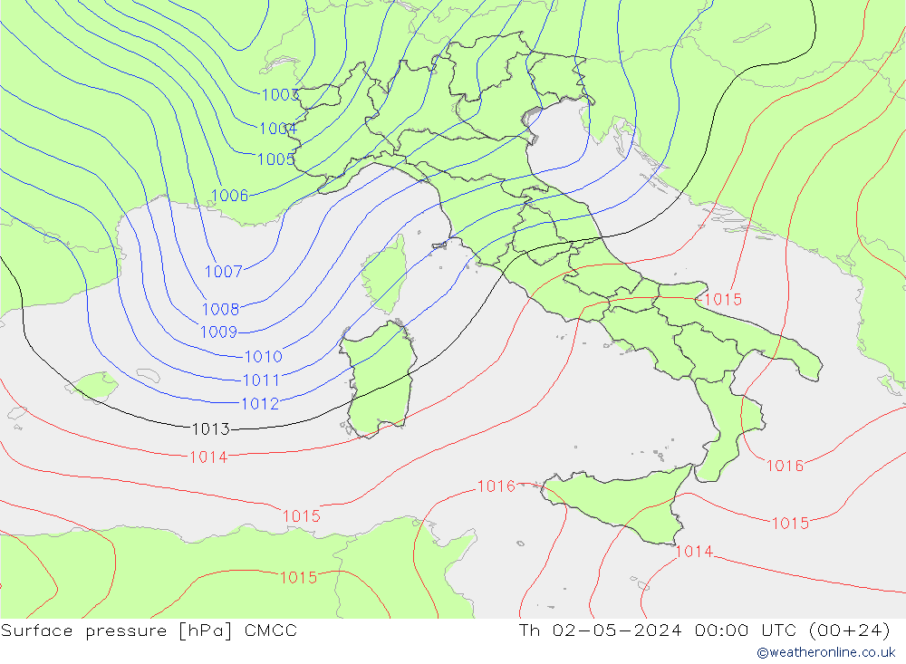 Presión superficial CMCC jue 02.05.2024 00 UTC