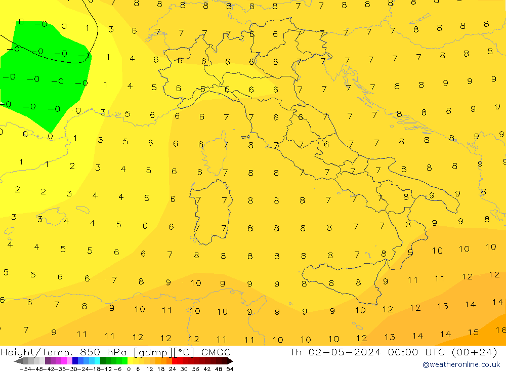 Height/Temp. 850 hPa CMCC Qui 02.05.2024 00 UTC