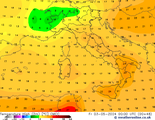 Max.temperatuur (2m) CMCC vr 03.05.2024 00 UTC