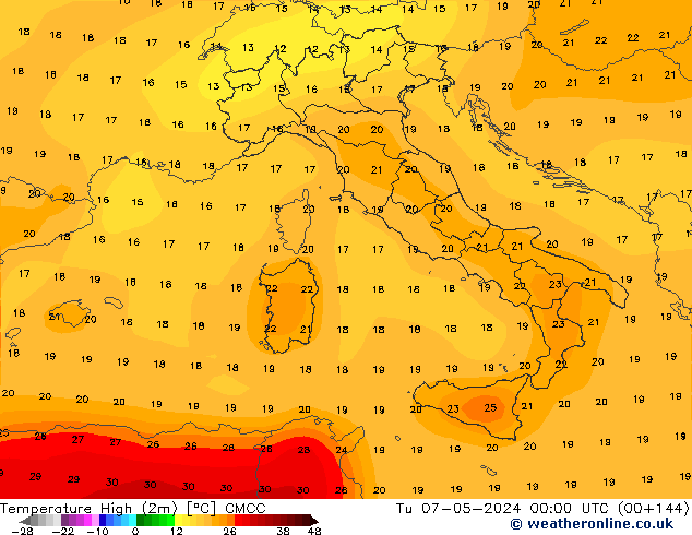 Temperature High (2m) CMCC Tu 07.05.2024 00 UTC