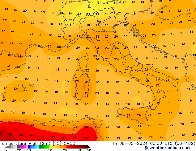 Max. Temperatura (2m) CMCC czw. 09.05.2024 00 UTC