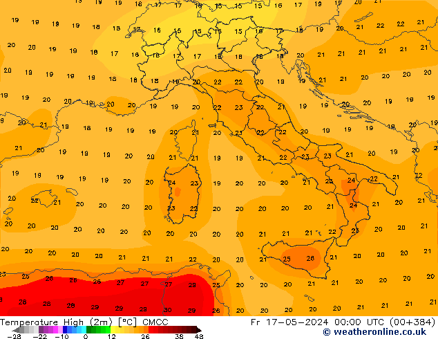 Max.temperatuur (2m) CMCC vr 17.05.2024 00 UTC