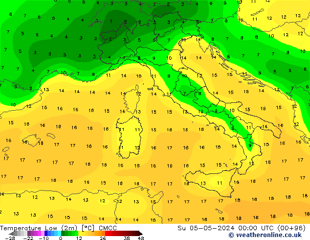 Min.temperatuur (2m) CMCC zo 05.05.2024 00 UTC