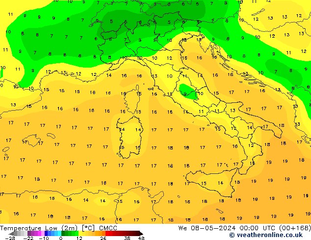 Min.temperatuur (2m) CMCC wo 08.05.2024 00 UTC