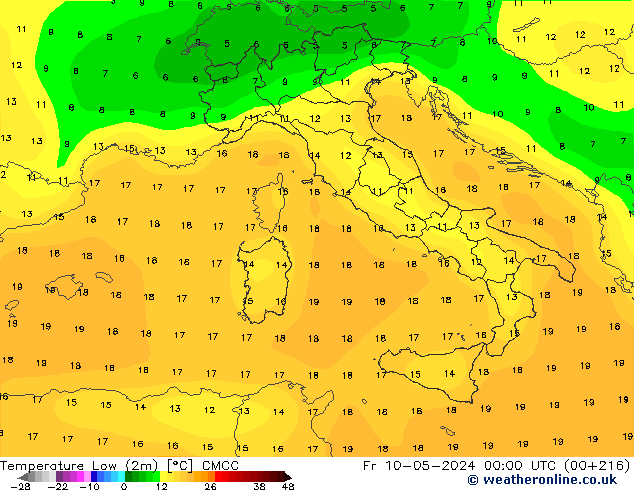 température 2m min CMCC ven 10.05.2024 00 UTC