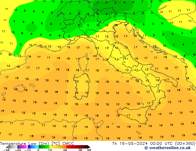 Min.temperatuur (2m) CMCC do 16.05.2024 00 UTC