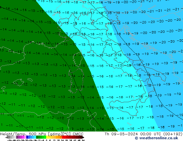 Height/Temp. 500 hPa CMCC Čt 09.05.2024 00 UTC