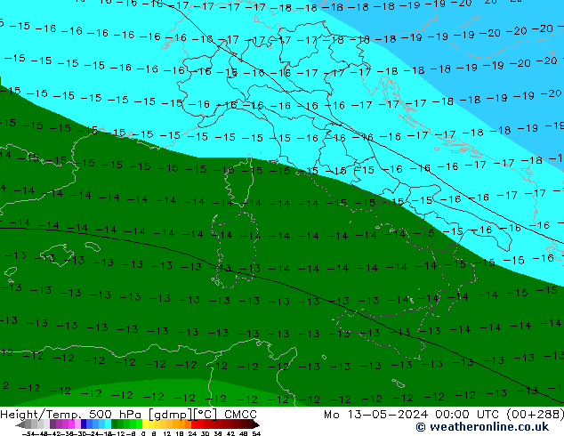 Height/Temp. 500 hPa CMCC Mo 13.05.2024 00 UTC