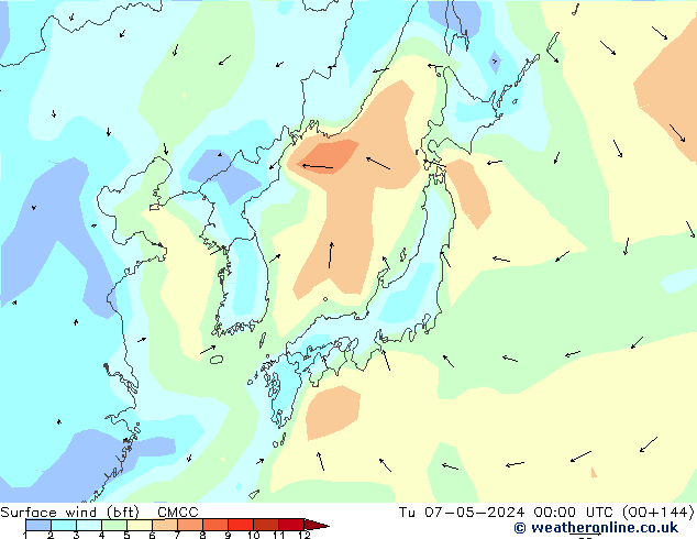 Surface wind (bft) CMCC Tu 07.05.2024 00 UTC