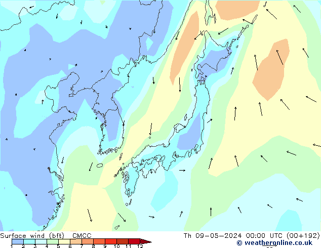Surface wind (bft) CMCC Th 09.05.2024 00 UTC