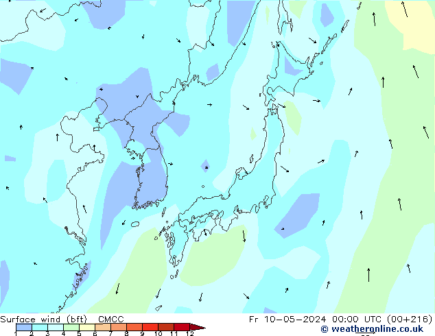 Surface wind (bft) CMCC Pá 10.05.2024 00 UTC