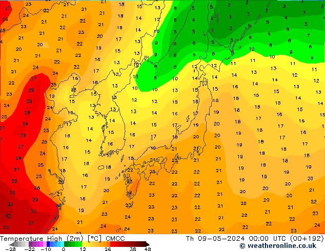 Temperature High (2m) CMCC Th 09.05.2024 00 UTC