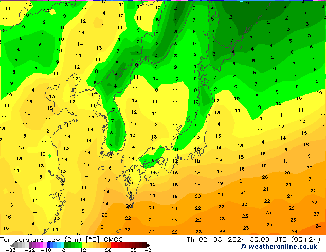 Min. Temperatura (2m) CMCC czw. 02.05.2024 00 UTC