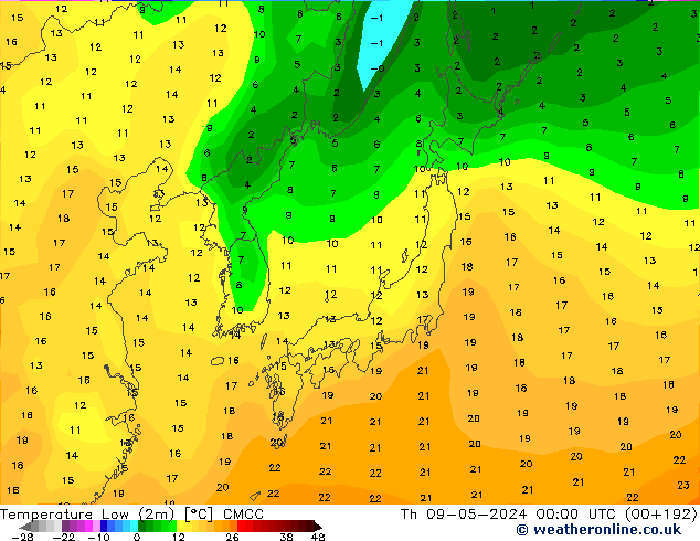 Temperature Low (2m) CMCC Th 09.05.2024 00 UTC
