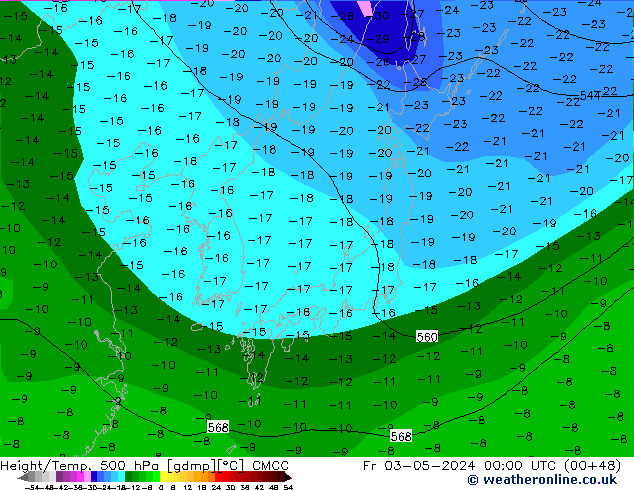 Hoogte/Temp. 500 hPa CMCC vr 03.05.2024 00 UTC