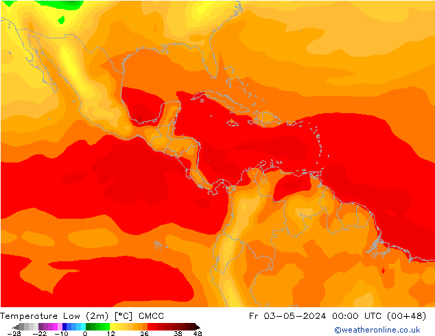 Temperatura mín. (2m) CMCC vie 03.05.2024 00 UTC