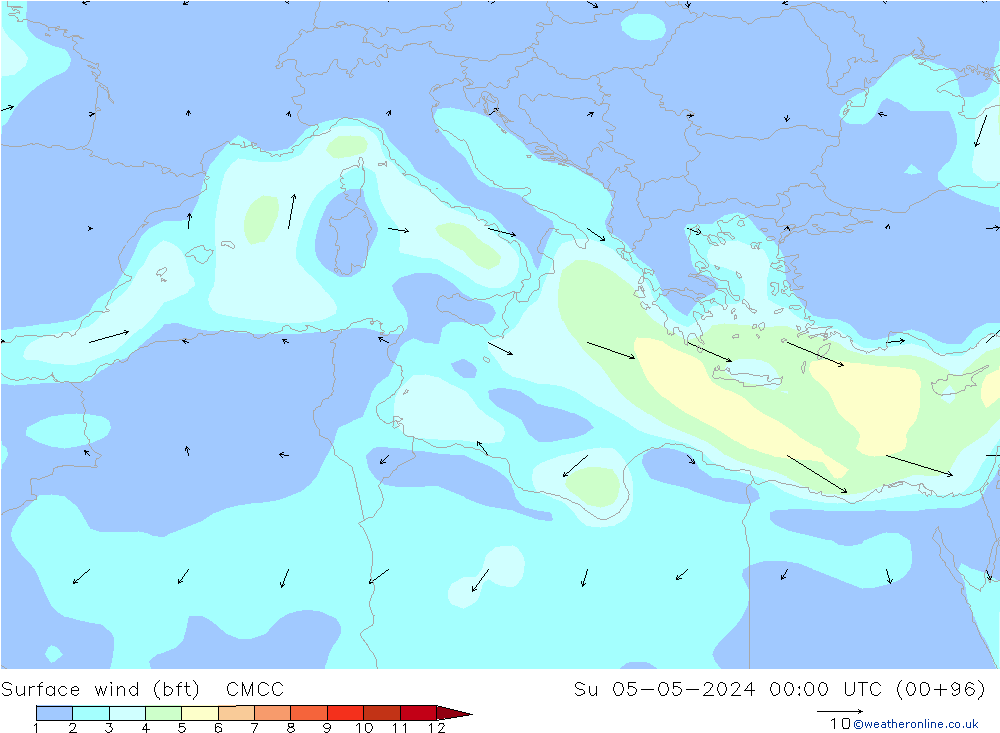 Viento 10 m (bft) CMCC dom 05.05.2024 00 UTC