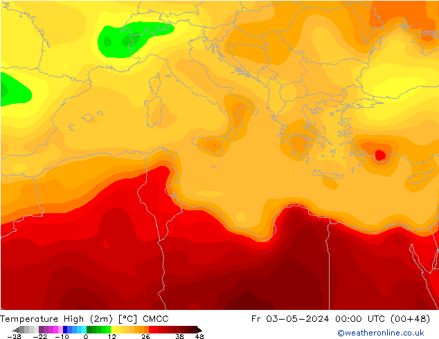 temperatura máx. (2m) CMCC Sex 03.05.2024 00 UTC