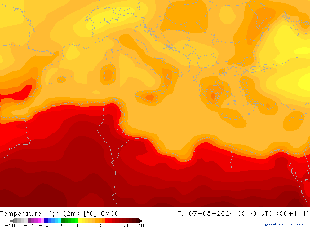 Max. Temperatura (2m) CMCC wto. 07.05.2024 00 UTC