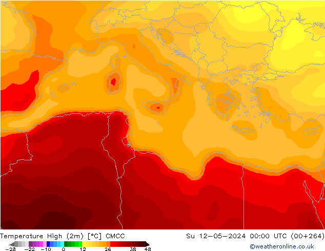 Nejvyšší teplota (2m) CMCC Ne 12.05.2024 00 UTC