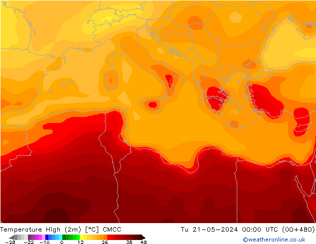 Temperature High (2m) CMCC Tu 21.05.2024 00 UTC