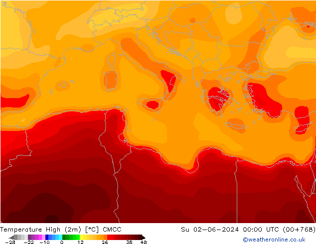 Max.temperatuur (2m) CMCC zo 02.06.2024 00 UTC