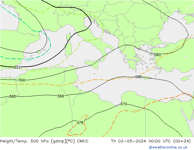 Yükseklik/Sıc. 500 hPa CMCC Per 02.05.2024 00 UTC