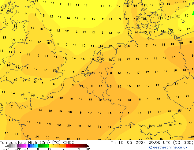 temperatura máx. (2m) CMCC Qui 16.05.2024 00 UTC