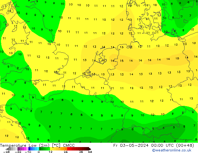 Temperatura mín. (2m) CMCC vie 03.05.2024 00 UTC