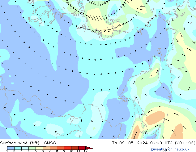 Surface wind (bft) CMCC Th 09.05.2024 00 UTC