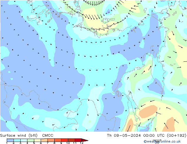 Surface wind (bft) CMCC Čt 09.05.2024 00 UTC