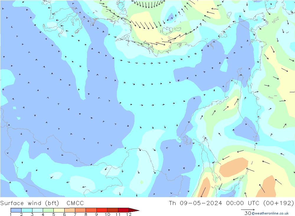 Surface wind (bft) CMCC Čt 09.05.2024 00 UTC