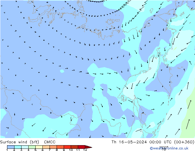 Vent 10 m (bft) CMCC jeu 16.05.2024 00 UTC