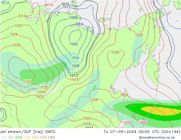 Jet stream/SLP CMCC Út 07.05.2024 00 UTC