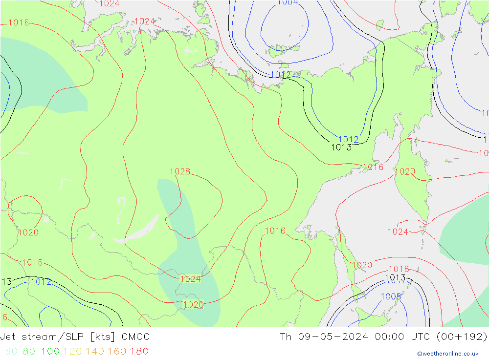 Jet stream/SLP CMCC Th 09.05.2024 00 UTC