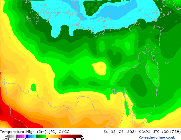 Max.temperatuur (2m) CMCC zo 02.06.2024 00 UTC