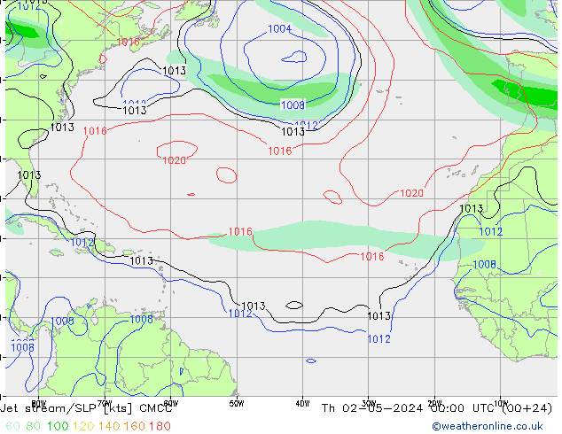 Jet stream CMCC Qui 02.05.2024 00 UTC