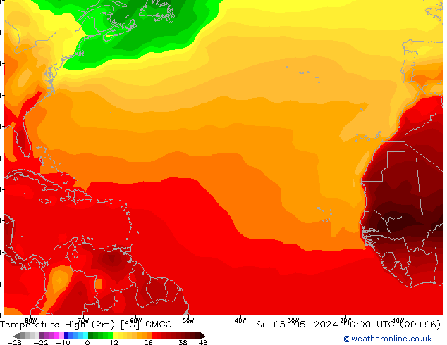 Max.temperatuur (2m) CMCC zo 05.05.2024 00 UTC