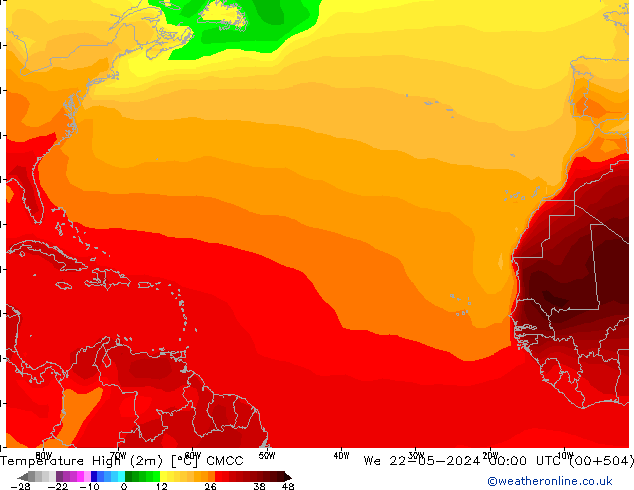 Max. Temperatura (2m) CMCC śro. 22.05.2024 00 UTC