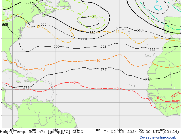 Height/Temp. 500 hPa CMCC Čt 02.05.2024 00 UTC