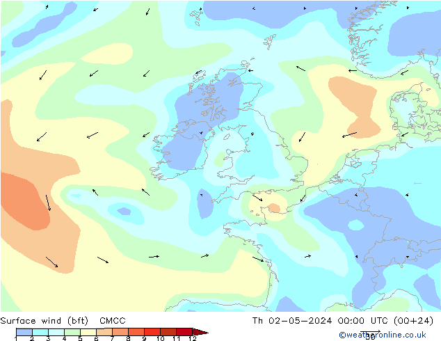 Surface wind (bft) CMCC Čt 02.05.2024 00 UTC