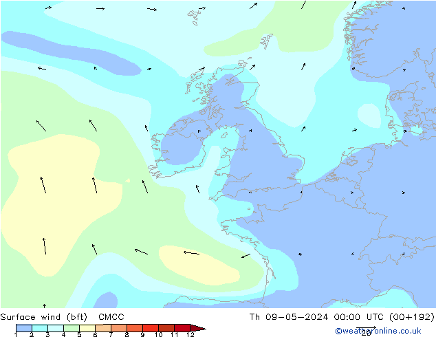 Surface wind (bft) CMCC Th 09.05.2024 00 UTC