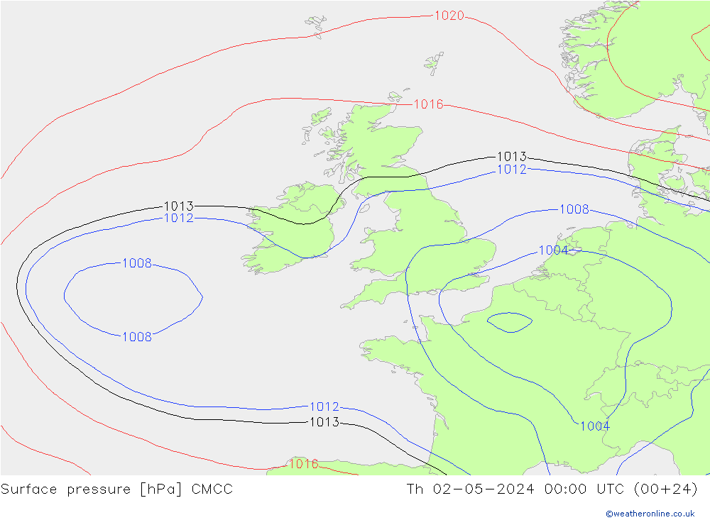 Presión superficial CMCC jue 02.05.2024 00 UTC